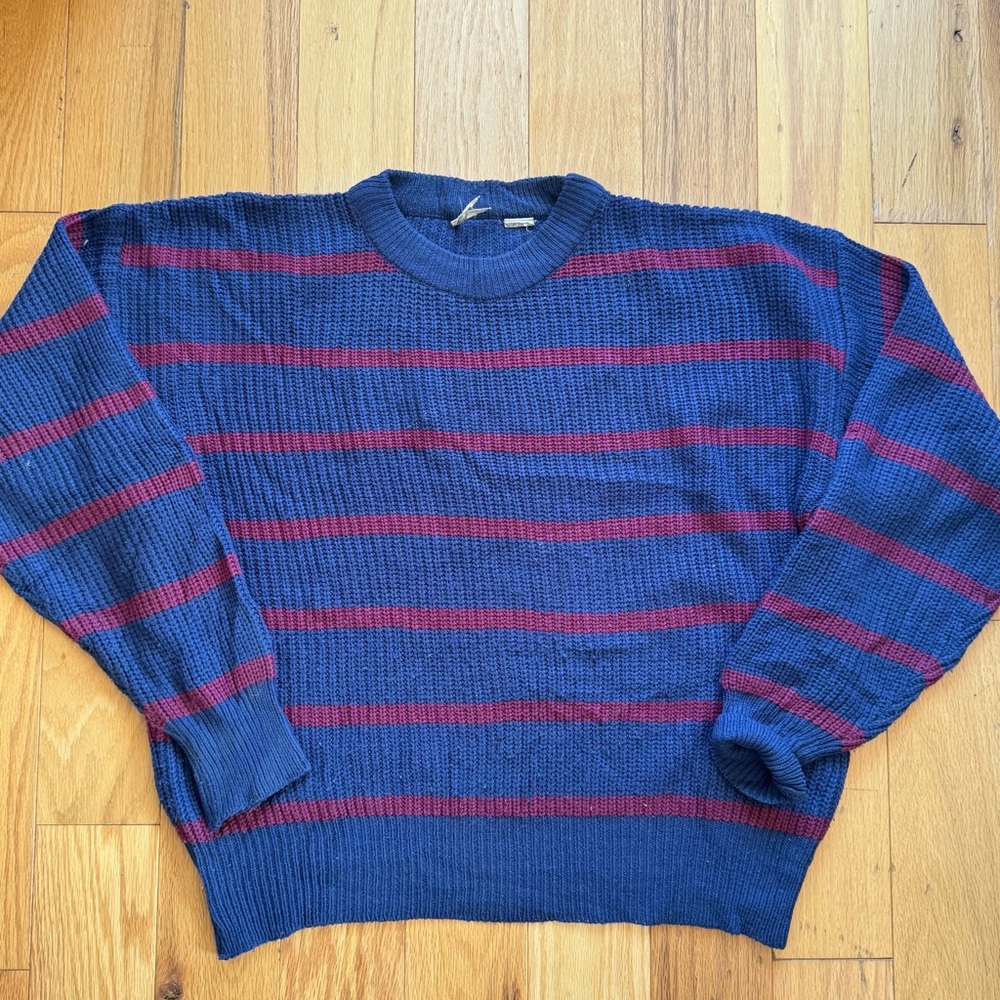 Vintage Blue Burgundy Striped Waffle Knit Sweater (XL)
